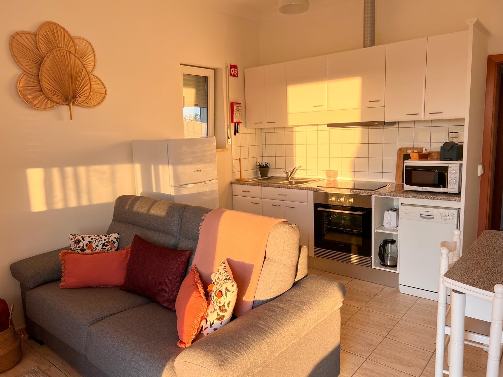 Sala aberta sobre a cozinha, com frigorífico e televisão